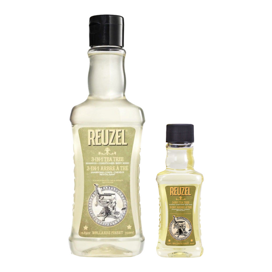 UK REUZEL Road Trip 3-in-1 Shampoo bottle, featuring a sleek design with product label visible, suitable for hair, body, and face.