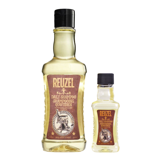 UK REUZEL Road Trip Daily Shampoo in a pump bottle, showing the product label and packaging for daily hair cleansing.