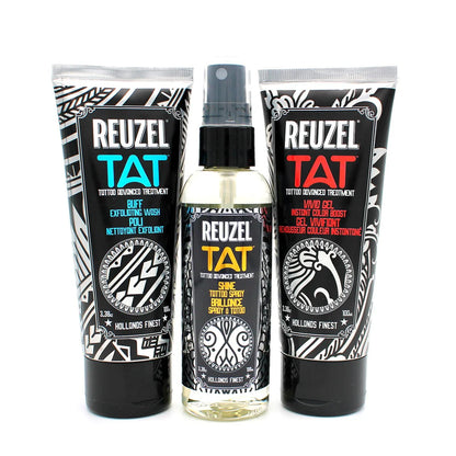 REUZEL UK TAT Trio tattoo aftercare set with Buff Exfoliating Wash, Shine Spray, and Vivid Gel on a white background