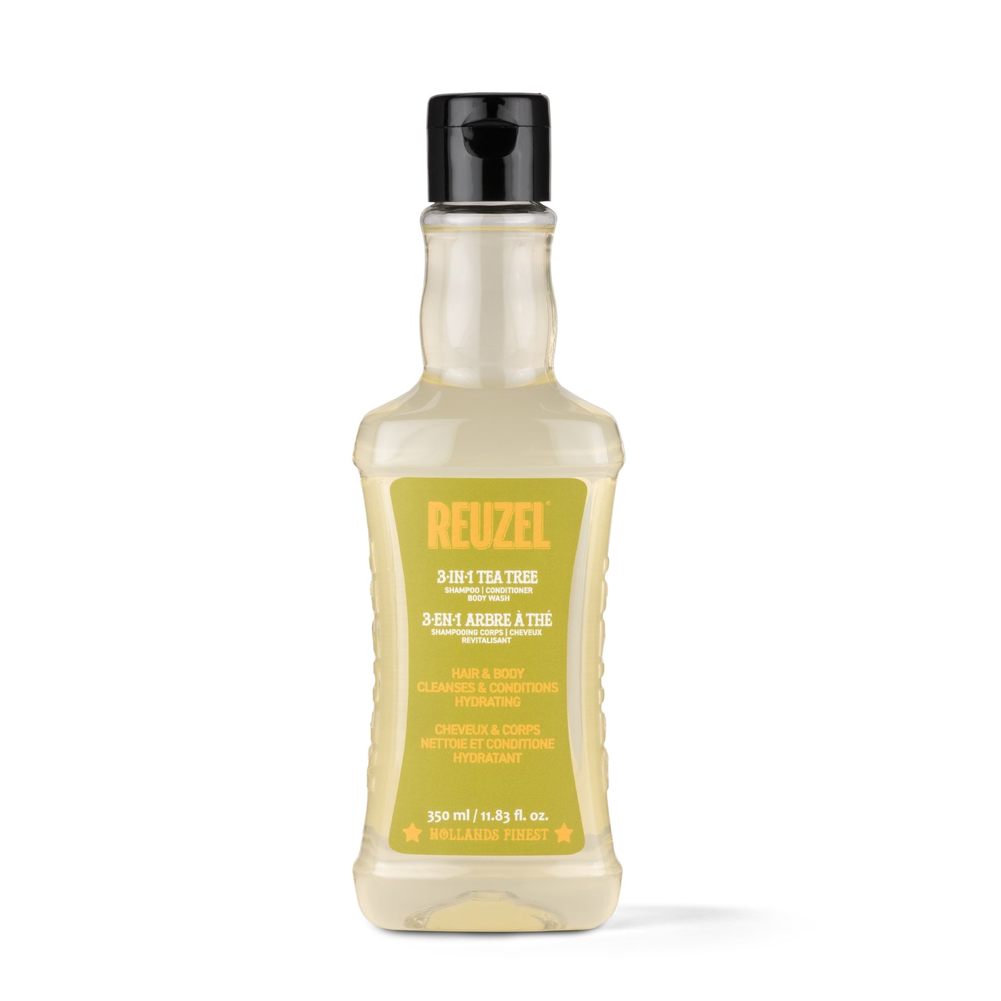 Reuzel UK 3-in-1 tea tree shampoo, conditioner, and body wash bottle with label and pump for hair, scalp, and body cleansing.